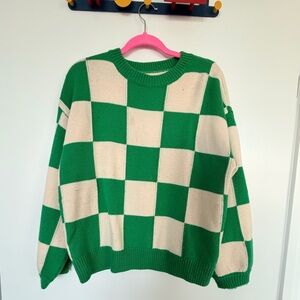 Stylish Green and Cream Checkered Sweater